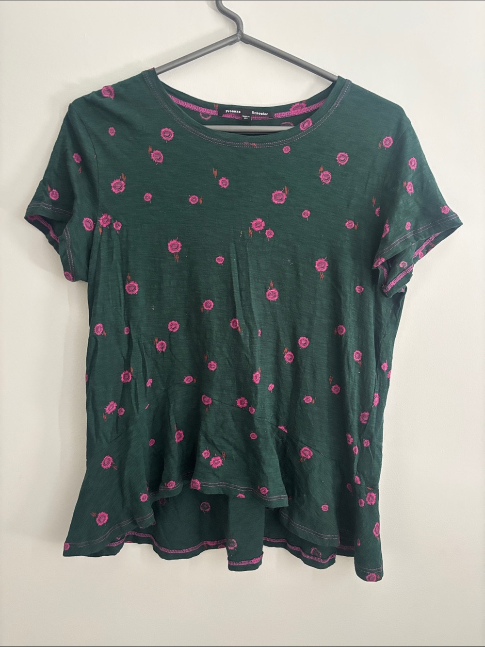 Proenza Schouler Dark Green Short-Sleeve Tee with Pink Floral Dots